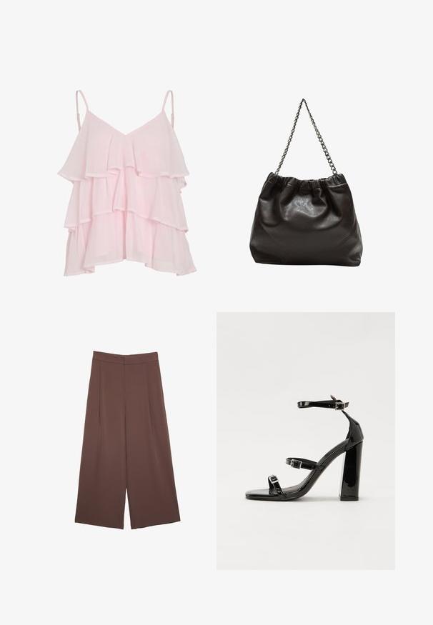 Helles rosa, geschichtetes ärmelloses Top mit verstellbaren Spaghettiträgern und einem fließenden, Rüschendesign.; Braune Weite-Leg-Hosen mit einer glatten Textur, hoher Taille und Vorderfalten. Der Stoff ist leicht und fällt locker.; Schwarze patentierte Sandalen mit Absatz, quadratischer Spitze, Knöchelriemen und silbernen Schnallen. Mit einem stabilen Blockabsatz für mehr Stabilität.; Braune Lederhandtasche mit gerafftem Oberteil und Kettenriemen. Glatte Textur mit glänzendem Finish und subtilen Nahtdetails an den Seiten.