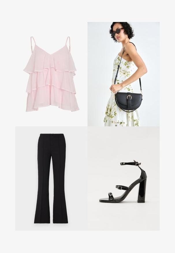 Gaiši rozā daudzslāņu bezpieka tops ar regulējamām spageti siksniņām un plūstošu, viļņotu dizainu.; Melni izplūduši bikses, izgatavotas no gludas auduma, ar pieguļošu jostu, priekšējiem šuvju detaļām un nelielu izplūdumu, sākot no ceļa.; Melni lakoti augstpapēžu sandales ar divām sprādzēm, kvadrātveida purngalu un masīvu papēdi, ar gludu, spīdīgu virsmu.; Melnas ādas rokassoma ar izliekta formu, noņemamu siksnu un zelta aksesuāriem. Somai ir vāciņš ar sprādzes detaļu.