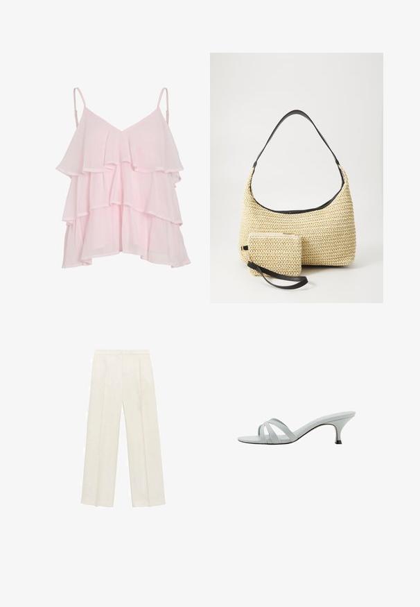 Helles rosa, geschichtetes ärmelloses Top mit verstellbaren Spaghettiträgern und einem fließenden, Rüschendesign.; Weit geschnittene Hosen in einem hellen cremefarbenen Farbton. Hergestellt aus einem glatten Stoff mit Falten an der Vorderseite und seitlichen Taschen.; Hellgraue Absätze mit drei überkreuzten Riemen, schlankem Profil und spitz zulaufendem Absatz. Glatte Textur mit leicht glänzendem Finish.; Geflochtene Strohtasche mit geschwungener Silhouette, ausgestattet mit einem glatten schwarzen Ledergriff und einem passenden kleinen Beutel, der mit einem Handgelenkriemen befestigt ist.