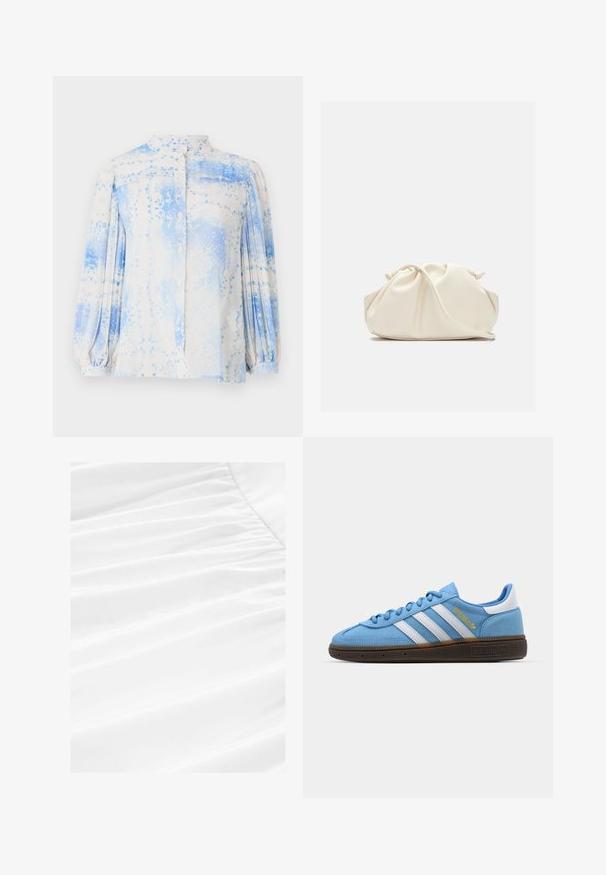 Lightweight, patterned blouse in blue and cream with a high collar, button front, and long, gathered sleeves. Features floral details.; White fabric with soft draping and pleated texture, featuring smooth, lightweight material in a clean, crisp presentation.; Light blue suede sneakers with white leather stripes, a brown textured sole, and gold logo detail. Low-top design with rounded toe.; Cream-colored, soft faux leather bag with gathered design, adjustable strap, and subtle drawstring closure. Smooth texture and rounded shape.