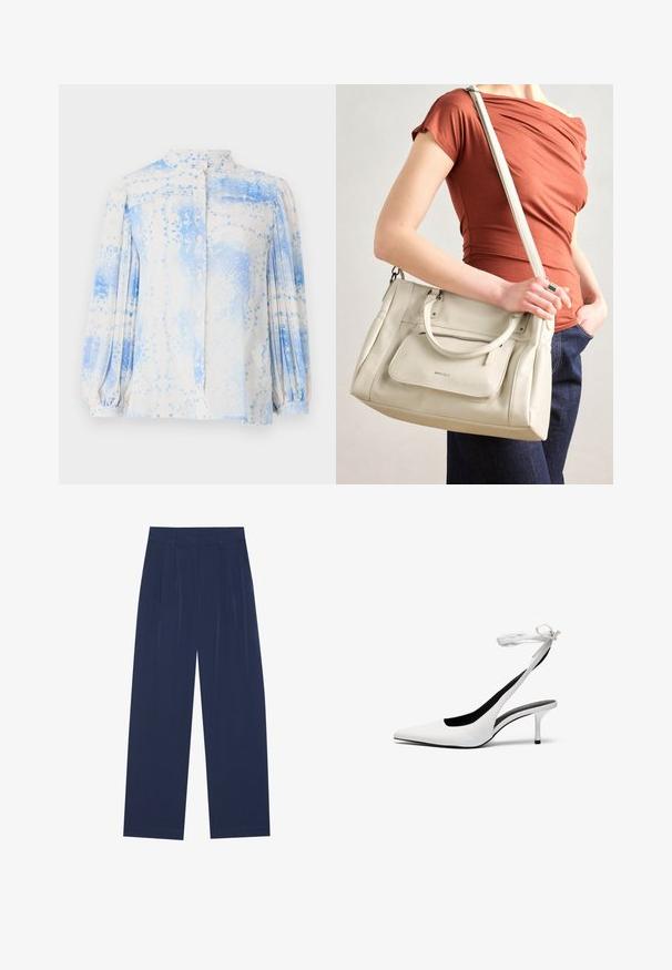 Blusa leggera con fantasia in blu e crema, colletto alto, chiusura con bottoni e maniche lunghe a sbuffo. Presenta dettagli floreali.; Pantaloni a gamba larga blu navy realizzati in tessuto morbido, dotati di pieghe frontali, una texture liscia e una vestibilità dritta senza tasche visibili.; Tacchi slingback bianchi a punta con cinturino sottile alla caviglia. Materiale in pelle liscia, tacco stiletto sottile e rivestimento interno nero.; Borsa a tracolla bianca in pelle con doppi manici e tracolla staccabile, dotata di una tasca con zip frontale e texture liscia. Portata al braccio di una persona.