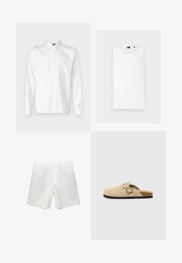 Camicia bianca con bottoni, realizzata in tessuto liscio, con colletto classico, maniche lunghe e orlo dritto. Design minimalista senza motivi.; Top bianco senza maniche realizzato in materiale a coste, dotato di scollatura a girocollo e piccolo logo del marchio sulla parte anteriore.; Shorts bianchi in cotone con vita elasticizzata e cordino, tasche laterali e taglio dritto con orli rifiniti.; Zoccoli beige in suede con piede in sughero, punta rotonda e una semplice fascia con una fibbia dorata. Suola in gomma per una buona aderenza.