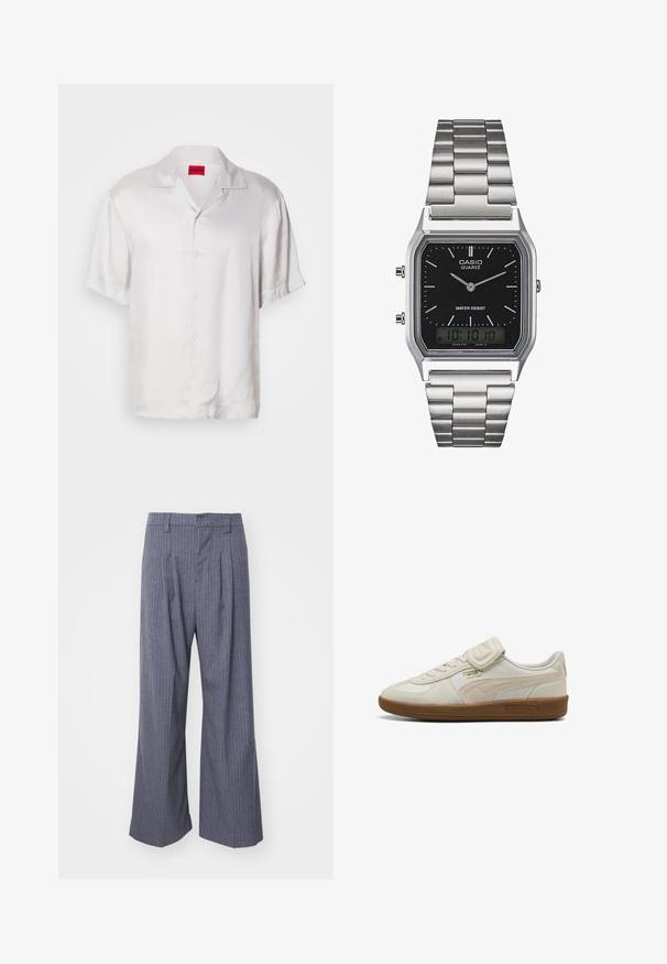 Trumpas rankovės baltas marškinis, pagamintas iš lygaus audinio, su apykakle, mygtukų uždarymu ir laisvu siluetu. Subtilus blizgesys suteikia vizualinį įdomumą.; Pilkos smailių dryžių kelnės su plačiomis kojomis, priekyje turinčios klostes ir lygaus paviršiaus tekstūrą. Nėra matomų detalių ar akcentų.; Baltos odinės sportbačiai su tekstūruotomis detalėmis, kaučiuko padu ir auksine logotipo detalė. Su šnūrą ir velcro juostele užsegimui.; Sidabrinis nerūdijančio plieno kvarcinis laikrodis su juodu stačiakampiu ciferblatu, turintis analoginius rodykles, skaitmeninį ekraną ir vandeniui atsparumo etiketes.