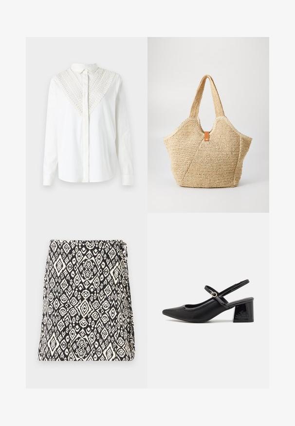 Camicia bianca con colletto button-down, caratterizzata da un dettaglio decorativo in crochet sullo scollo a V. Maniche lunghe e una consistenza liscia.; Borsa bianca e nera con un motivo geometrico a diamante, realizzata in tessuto con una finitura texture. Progettata con un'apertura a pattina.; Décolleté in vernice nera con cinturino dietro, punta affusolata, design con ritagli arrotondati e tacco a blocco. Presenta un accento di fibbia tono oro.; Grande borsa a tracolla in paglia con un esterno beige testurizzato e due manici larghi. Presenta una cintura in pelle come chiusura.