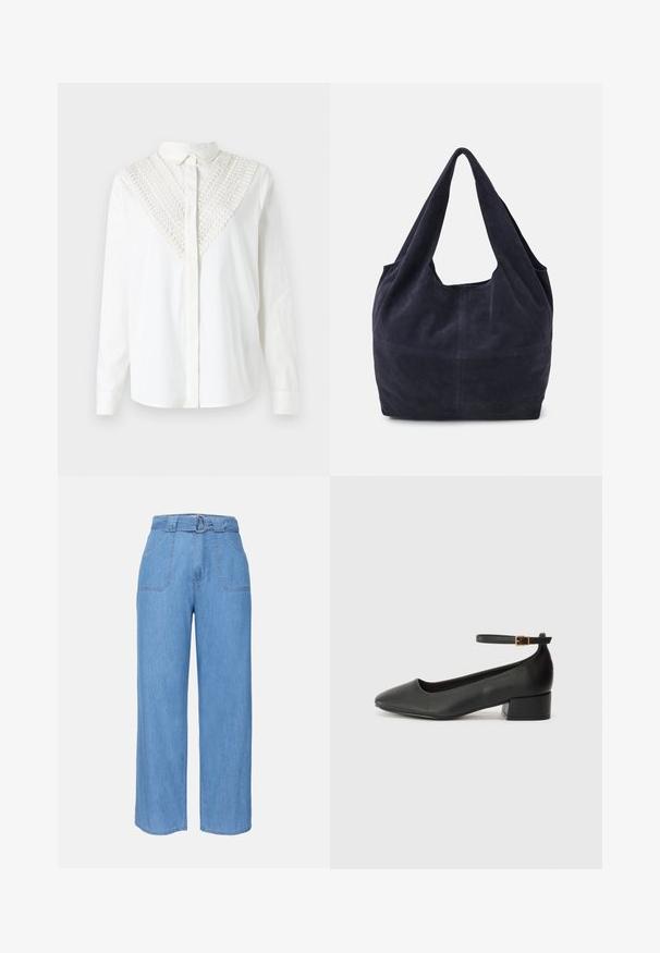 Biela košeľa s golierom s gombíkmi, so zdobným háčkovaním na výstrihu do V. Dlhé rukávy a hladká textúra.; Svetlomodré džínsy s širokými nohavicami a opaskom v páse, dve predné vrecká a hladký povrch. Má minimalistický dizajn a čisté línie.; Čierne kožené lodičky s špicatou špičkou a nízkym blokovým podpätkom. Obsahuje remienok okolo členka so zlatým prackou. Hladký povrch.; Námornícka semišová kabelka so voľným dizajnom, širokými ramennými popruhmi a viditeľným stehom na tele.