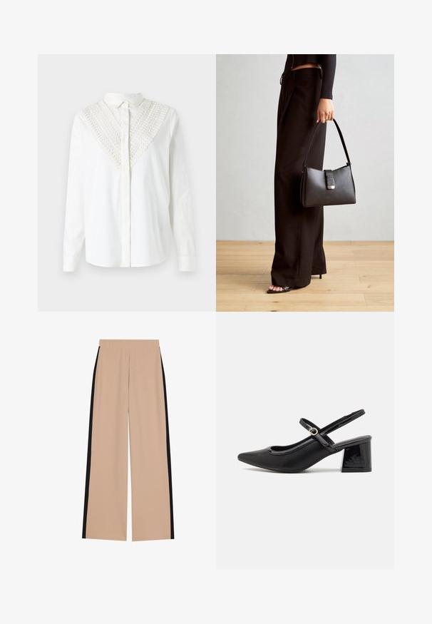 Witte blouse met een button-down kraag, voorzien van een decoratieve haakjesdetail op de v-halslijn. Lange mouwen en een gladde textuur.; Beige wijde broek met een soepele textuur, voorzien van zwarte zijkanten. De tailleband is elastisch voor comfort en gemakkelijke draagbaarheid.; Zwarte gepolijste leren slingback hakken met een spitse neus, een ronde uitsnede en een blokhak. Voorzien van een gouden gespaccent.; Zwarte handtas met gestructureerde vorm, gladde textuur en een metalen sluiting. Gecombineerd met brede zwarte broeken en sandalen met open teen op een houten vloer.