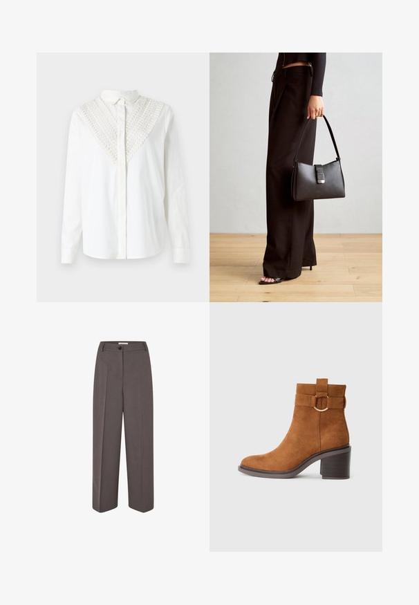 Biała koszula z kołnierzykiem zapinanym na guziki, z dekoracyjnym detalem z koronki przy dekolcie w serek. Długie rękawy i gładka tekstura.; Szerokie, wysokie brązowe spodnie z fałdami z przodu, z szlufkami na pasek, zapięciem na guzik i gładką fakturą materiału.; Brązowy zamszowy botek za kostkę z zaokrąglonym noskiem, słupkiem i ozdobnym paskiem z okrągłą klamrą.; Czarna torebka o usztywnionym kształcie, gładkiej fakturze i metalowym zapięciem. Połączona z szerokimi czarnymi spodniami i sandałami na otwartym palcu na drewnianej podłodze.