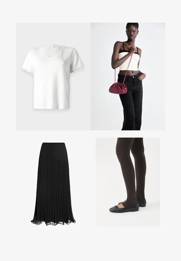 Hvid kortærmet t-shirt med V-hals, udsmykket med en delikat blondekant ved halsudskæringen og ærmekanterne, lavet af letvægtsstof.; Sort plisseret maxiskørt lavet af letvægtsstof med et flydende design. Har en volangkant og elastisk talje for komfort.; Sorte flade sko med en lille sløjfedetalje ved tåen, parret med mørkebrune ribbede strømpebukser. Skoene har en glat overflade og lav profil.; Bordeaux blødt stof håndtaske med en sammenpresset design og en lang rem, båret som crossbody. Modellen bærer en hvid cropped top og sorte jeans.