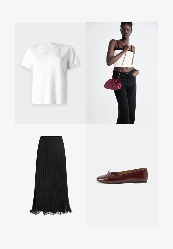 Hvit t-skjorte med kort erme og V-hals, prydet med delikat blonder på halsen og ermekantene, laget av lett stoff.; Svart plissert maxiskjørt laget av lett materiale med et flytende design. Har en volangkant og elastisk midje for komfort.; Burgunderrød lakk lær ballettleilighet med rund tå, liten sløyfe foran og en lav, svart gummisåle. Glatt tekstur.; Burgunderfarget myk stoffhåndveske med en samlet design og en lang stropp, båret som en crossover. Modellen har på seg en hvit crop-top og svarte jeans.