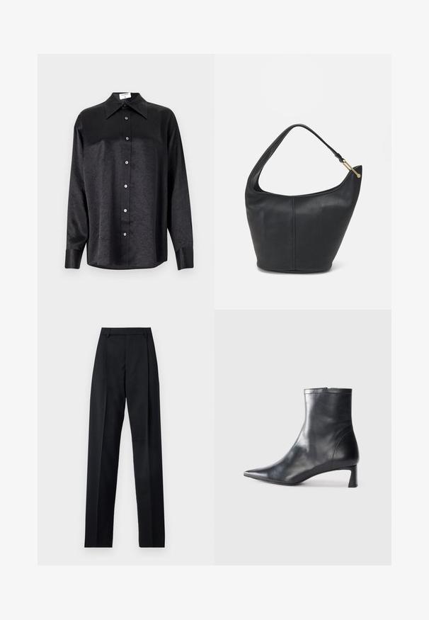 Cămașă neagră cu mânecă lungă, cu guler, cu o textură șifonată, cu nasturi pe toată lungimea și manșete. Fabricată dintr-un material neted.; Pantaloni negri dintr-un material neted, cu talie înaltă, picioare largi, pliuri frontale și loop-uri clasice pentru curea. Fără buzunare laterale vizibile.; Cizmă de gleznă din piele neagră cu vârf ascuțit și un design elegant. Dispune de un toc mic și de o închidere cu fermoar la spate. Textură netedă.; Geantă din piele neagră, cu o formă rotunjită, curea lată și un finisaj texturat. Are detalii subtile de cusătură și un accent din metal de culoare aurie.