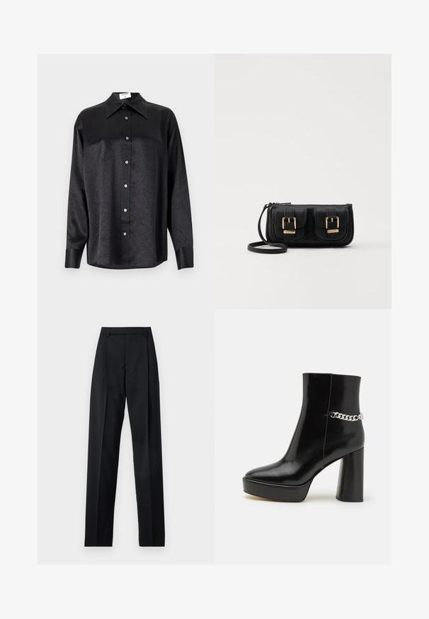 Camicia nera a maniche lunghe con colletto, caratterizzata da una texture stropicciata, chiusura frontale con bottoni e polsini. Realizzata in un tessuto morbido.; Pantaloni neri realizzati in tessuto morbido, caratterizzati da vita alta, gambe larghe, pince frontali e classiche passanti per cintura. Non ci sono tasche laterali visibili.; Stivale alla caviglia in vernice nera con una piattaforma chunky e un tallone alto a blocco. Presenta un accento di catena argentata sul lato. Texture liscia.; Borsa a tracolla nera in pelle con due tasche frontali, fibbie dorate, chiusura con zip e una tracolla sottile. Superficie texturizzata e forma rettangolare compatta.
