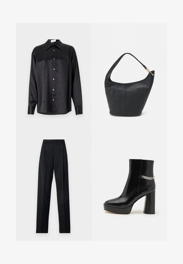 Schwarzes Langarmhemd mit kragenförmigem Halsausschnitt, mit einem zerknitterten Textur, voller Knopfleiste und Manschetten. Hergestellt aus einem glatten Stoff.; Schwarze Hosen aus glattem Stoff mit hoher Taille, weitem Bein, vorderen Falten und klassischen Gürtelschlaufen. Keine sichtbaren Seitentaschen.; Schwarze Lackleder-Ankle-Boots mit plattenförmigem Absatz und hohem Blockabsatz. Verfügt über einen silbernen Kettenakzent an der Seite. Glatte Textur.; Schwarze Lederhandtasche mit abgerundeter Form, breitem Tragegurt und strukturiertem Finish. Besitzt eine subtile Nahtdetails und einen Akzent aus goldfarbenem Metall.