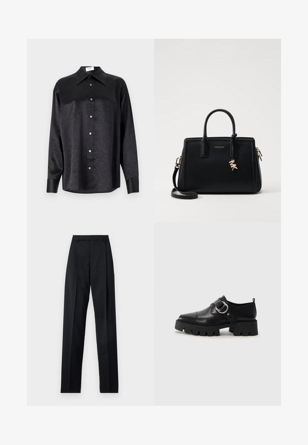 Melnas garām piedurknēm krekls ar apdari, kas piedāvā samocītu tekstūru, pilnu pogu priekšpusi un aproces. Izgatavots no gludas auduma.; Melnas bikses, izgatavotas no gludas auduma, ar augstu vidukli, platiem bikšu galdniekiem, priekšējiem krokām un klasiskām jostu cilpām. Sānu kabatas nav redzamas.; Melni ādas apavi ar masīvu, rievojumu zoli, ar apaļu sudraba aksesuāru un minimālām šuvēm.; Melnas ādas rokas soma ar strukturētu dizainu, dubultiem augšējiem rokturiem, noņemamu plecu siksnu, zelta aparatūru un logo piekariņu akcentu.