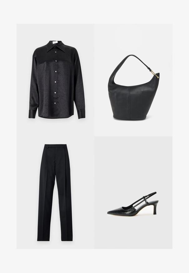 Camicia nera a maniche lunghe con colletto, caratterizzata da una texture stropicciata, chiusura frontale con bottoni e polsini. Realizzata in un tessuto morbido.; Pantaloni neri realizzati in tessuto morbido, caratterizzati da vita alta, gambe larghe, pince frontali e classiche passanti per cintura. Non ci sono tasche laterali visibili.; Slingback con tacco in vernice nera con punta affusolata, caratterizzato da una stampa a serpente testurizzata, cinturino regolabile e un tacco corto e testurizzato.; Borsa a tracolla in pelle nera con forma arrotondata, una tracolla ampia e una finitura testurizzata. Presenta un dettaglio di cucitura discreto e un dettaglio in metallo dorato.