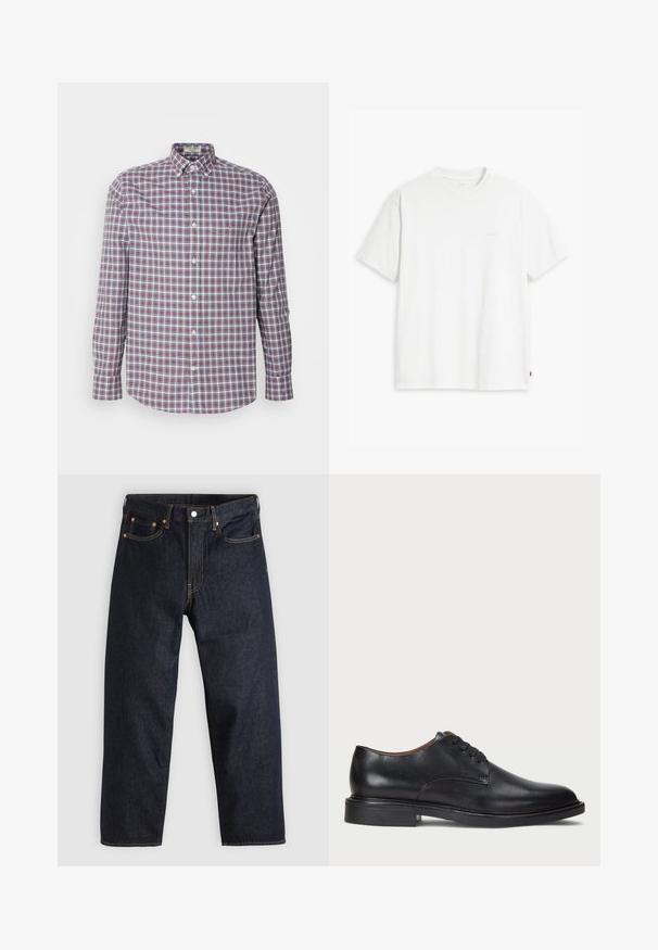 Button-down shirt in plaid pattern featuring red, blue, and white colors. Made of cotton with long sleeves and a rounded hem.; White cotton t-shirt with short sleeves, round neckline, and a subtle "Levi's" logo printed in light color on the front.; Dark blue denim jeans with a straight cut, five pockets, contrasting orange stitching, and a button fly. No visible patterns or embellishments.; Black leather dress shoe with a round toe, lace-up design, and a low stacked heel. Smooth texture with minimal stitching details.