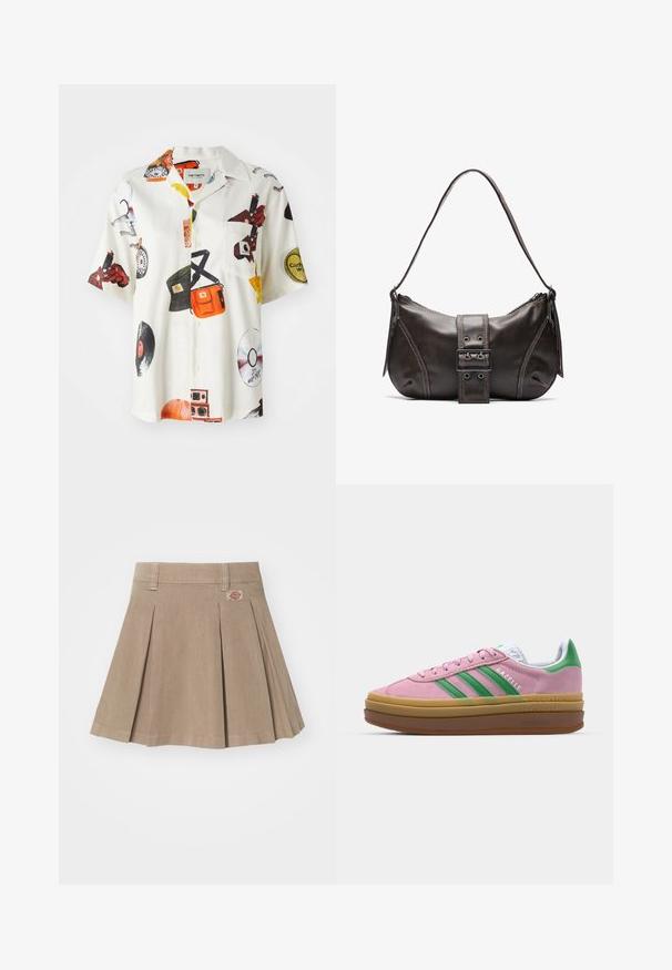 Biele tričko s krátkym rukávom, ktoré má farebné hudobné motívy, vrecko na prsiach a zapínanie na gombíky s klasickým golierom.; Béžová plisovaná sukňa vyrobená z texturovanej tkaniny. Má pás s pútkami na opasok a logo nášivku na prednej ľavej strane.; Ružové semišové tenisky so zelenými pruhmi, bielymi akcentmi a hnedou gumovou podrážkou. Obsahujú textúrovanú tkaninu a logo na boku.; Hnedá kožená taška cez plece s zakriveným tvarom, s výrazným detailom sponky, kontrastným prešívaním a jedným popruhom na plece.; Zlaté kruhové náušnice, tenké a okrúhleho tvaru, s hladkým kovovým povrchom a bez ozdôb alebo vzorov.