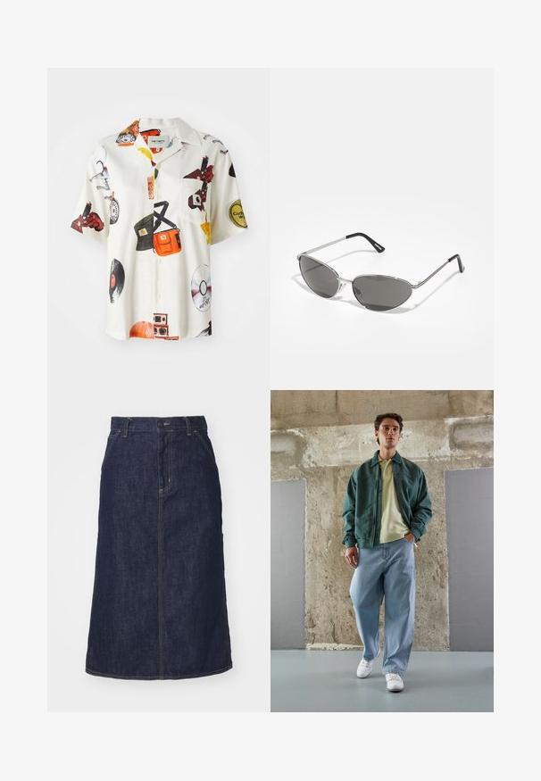 Camicia a maniche corte in tessuto bianco con stampe colorate a tema musicale, taschino sul petto e chiusura con bottoni frontale con colletto classico.; Obey Clothing BOLD - Top - white; Gonna di jeans scuro con vita alta, taglio dritto, tasche frontali e cuciture a vista. Presenta una chiusura con zip e bottone in vita.; Giacca bomber verde su una polo giallo chiaro, abbinata a jeans blu larghi e sneakers bianche. Tessuti morbidi, vestibilità rilassata, minimal hardware.; Occhiali da sole con una struttura elegante in metallo argentato, lenti grigio scuro e un design aerodinamico caratterizzato da bordi appuntiti e aste sottili.; Orecchini a cerchio color oro, sottili e rotondi, con una finitura metallica liscia e senza decorazioni o motivi.