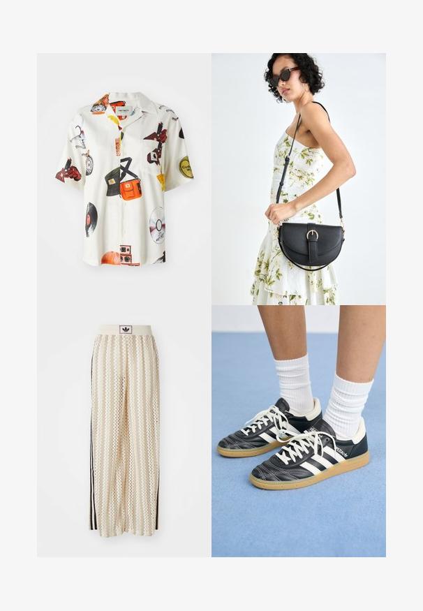 Fehér anyagú rövid ujjú ing színes zenei témájú mintákkal, mellzsebbel és gombos elülső résszel, klasszikus gallérral.; Krém színű, széles szárú nadrág zigzag mintával, fekete logós derékrésszel és fekete oldalsávokkal. Könnyű, texturált anyag.; Fekete bőr sportcipők fehér csíkokkal, kerek orral, fehér fűzővel és gumírozott talppal. Párnázott bokarész és márkajelzések emelik ki.; Fekete bőrtáska ívelt formával, levehető pánttal és arany színű fémrészekkel. A táskán egy csattal díszített fedél található.