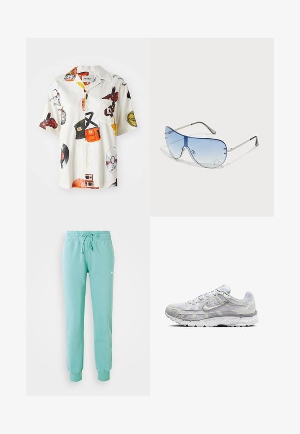 Kurzarmhemd aus weißem Stoff mit bunten musikorientierten Druckmotiven, einer Brusttasche und einer knöpfbaren Front mit klassischem Kragen.; Mintgrüne Sweatpants mit einem elastischen Bund, Kordelzug und gerippten Bündchen. Auf der linken Oberschenkelseite befindet sich ein kleines weißes Nike-Logo.; Helle graue Sportschuhe mit einem Obermaterial aus Mesh und Synthetik, ausgestattet mit Schnürverschluss, gepolsterter Zunge und strukturiertem Sohlen für besseren Grip.; Flugzeugbrille mit einem verlaufenden blauen Glase, silbernem Metallrahmen und dekorativen Sternelementen auf dem Glas. Glattes und elegantes Design.