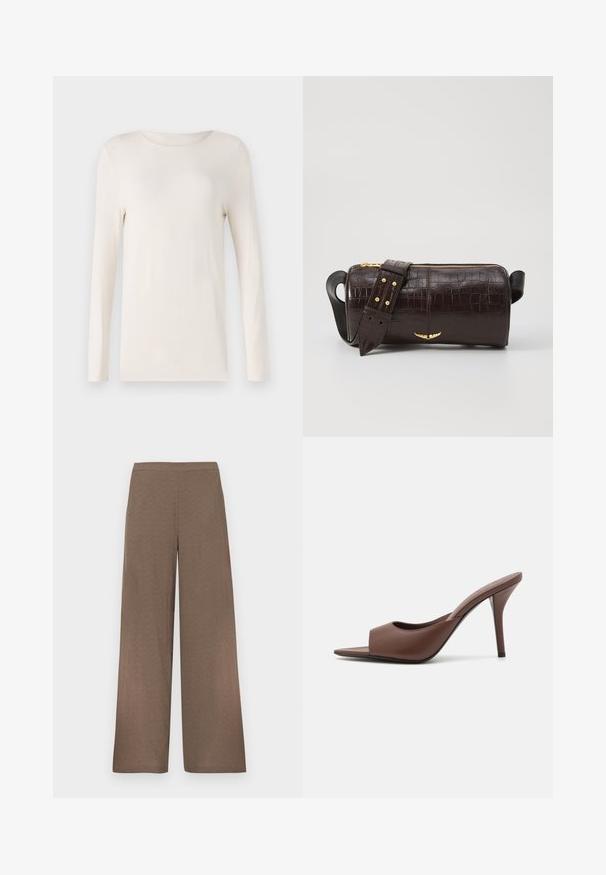 Camisa de manga longa em off-white, feita de material suave, com um decote redondo e um design simples e ajustado. Textura lisa, sem padrões.; Calças castanhas de perna larga com cós plano, sem bolsos visíveis nem fechos, apresentadas sobre um fundo branco.; Mules de salto alto abertas, em couro castanho, com um design elegante, apresentando uma larga tira na parte da frente e um esbelto salto agulha.; Bolsa de couro com textura de crocodilo na cor marrom, com forma cilíndrica, metalizações em tom dourado e uma alça destacável com tachas.; Par de brincos irregulares em forma oval, feitos de metal dourado, com uma superfície texturizada e ligeiramente martelada, sobre um fundo branco.