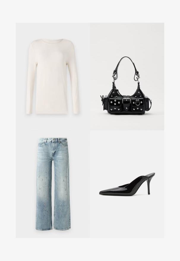 Langärmliges Shirt in Off-White, aus weichem Material, mit rundem Halsausschnitt und einfachem, figurschmeichelndem Design. Glatte Textur, ohne Muster.; Hellblaue weite Jeans aus Denim, ausgestattet mit einem Farbverlaufseffekt und Verzierungen aus silbernen Strasssteinen in vertikalem Muster.; Schwarze Lackleder-Pumps mit hohen Absätzen, spitzer Zehenform und schlanker Silhouette, mit offenem Rücken und schlankem Stiletto-Absatz.; Schwarze Lederhandtasche mit einem geschwungenen Design, verziert mit silbernen Nieten, einer Schnalle und zwei seitlichen Taschen. Verstellbarer Träger für verschiedene Tragemöglichkeiten.