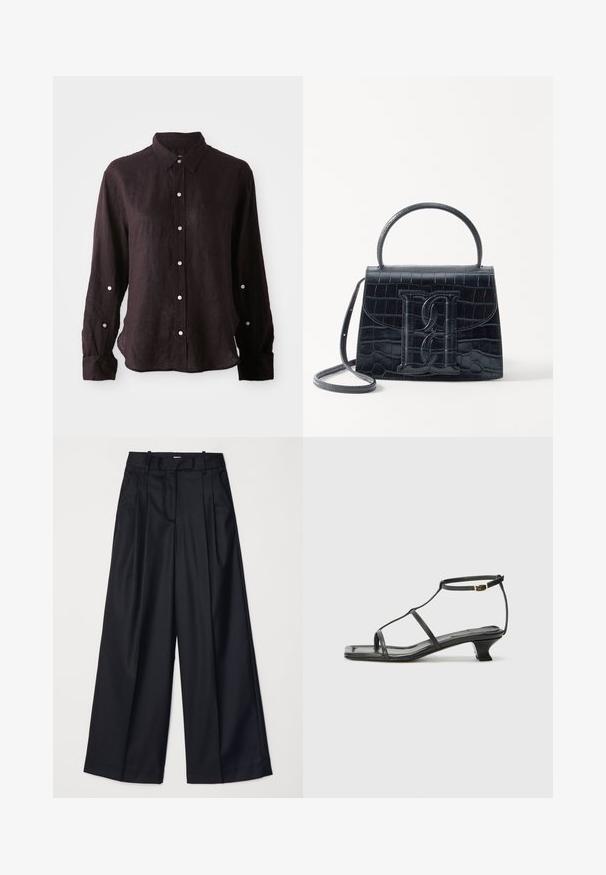 Tmavá, dlhá košeľa s dlhým rukávom z ľahkého ľanu, s predným zapínaním na gombíky, s ostrým golierom a jednou náprsníkovou vreckom. Strieborné gombíky.; Čierne široké nohavice vyrobené z hladkej tkaniny, so zvýšeným pásom, plisovaním a strihom na mieru. Jednoduché čierne kovanie v oblasti pásu.; Čierna kožená sandála so štvorcovou špičkou, tenkými popruhmi, nastaviteľným pásikom okolo členka a nízkym podpätkom. Obsahuje malý zlatý akcent na popruhu.; Čierna kabelka z krokodílovej embosovanej kože so štruktúrovaným dizajnom, horným uchom, nastaviteľným popruhom a výrazným predným logom.