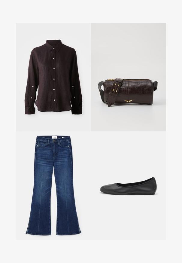 Dark, long-sleeve shirt in lightweight linen, featuring a button-down front, pointed collar, and a single chest pocket. Silver buttons.; Dark blue flared jeans made from denim. Features a high waist, front pockets, and slit details at the hem. Classic five-pocket design.; Black leather ballet flat with a rounded toe, smooth texture, minimal stitching detail, and a flexible sole design.; Brown crocodile-embossed leather bag with a cylindrical shape, gold-tone hardware, and a detachable strap featuring studs.
