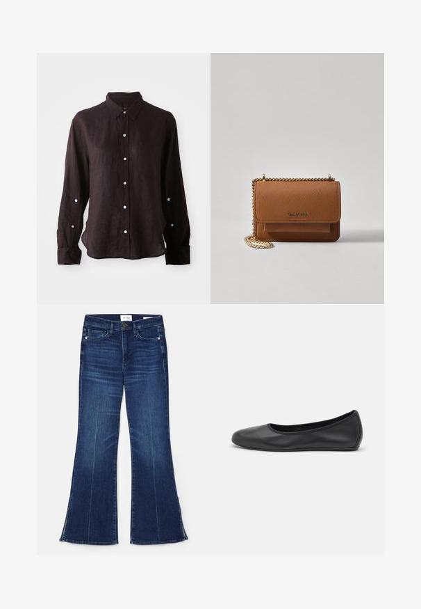 Dark, long-sleeve shirt in lightweight linen, featuring a button-down front, pointed collar, and a single chest pocket. Silver buttons.; Dark blue flared jeans made from denim. Features a high waist, front pockets, and slit details at the hem. Classic five-pocket design.; Black leather ballet flat with a rounded toe, smooth texture, minimal stitching detail, and a flexible sole design.; Brown textured leather crossbody bag with gold chain strap and flap closure. Front features logo detail and a pocket under the flap.