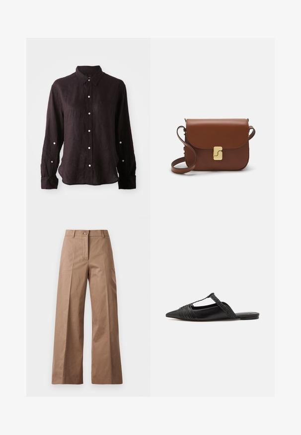Tmavá, dlhá košeľa s dlhým rukávom z ľahkého ľanu, s predným zapínaním na gombíky, s ostrým golierom a jednou náprsníkovou vreckom. Strieborné gombíky.; Hnedé nohavice s širokými nohavicami vyrobené z hladkej látky, s predným zapínaním na gombík, dvoma prednými vreckami a čistými, precízne vykrojenými líniami.; Čierne kožené sandále so špičatou špičkou, ktoré majú tkaný detail a zborený dizajn vrchnej časti. Plochá podrážka s minimálnym hardvérom.; Hnedá kožená kabelka s klopou, zlatými kovovými prvkami, ramenným popruhom a hladkým povrchom. Kompaktný obdĺžnikový tvar.