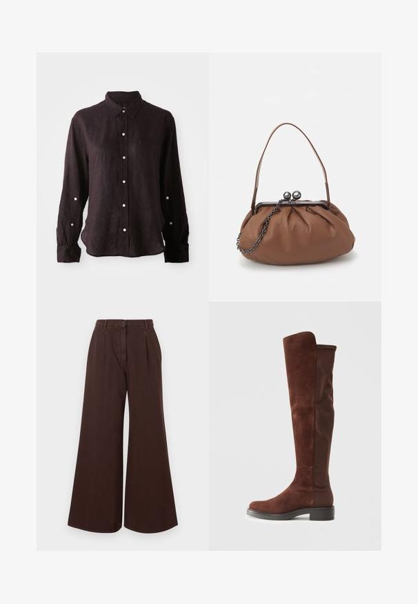 Dark, long-sleeve shirt in lightweight linen, featuring a button-down front, pointed collar, and a single chest pocket. Silver buttons.; High-waist wide-leg brown pants with button and zipper closure, belt loops, and front pleats.; Tall brown suede and fabric boot with low black heel and rounded toe, shown in side view on plain white background.; Brown leather handbag with a gathered design, a short leather handle, and a chain strap. Features a silver metal clasp with two round accents.