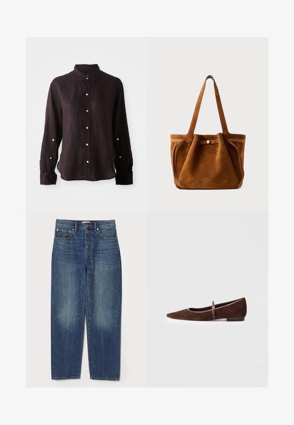 Mörk, långärmad skjorta i lätt linnematerial, med knäppning fram, spetsig krage och en enskild bröstficka. Silverknappar.; Blå högmidjade raka jeans med fram- och bakfickor, bältesöglor, knappstängning och subtilt blekta detaljer på benen.; Brun mocka platt sko med spetsig tå, med en tunn rem och guldfärgad detalj. Skomodellen har en låg klack och grå kant.; Brun mockaskåpväska med dubbla handtag, ett knäppstängningsband och en avslappnad, något slapp form.