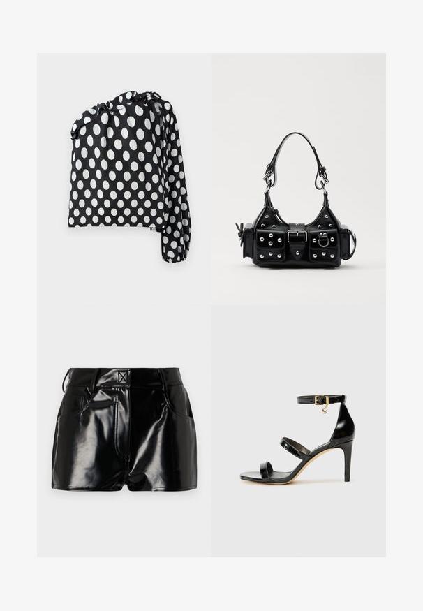 Mustvalge täpiline topp, millel on üks pikk varrukas, kogutud kaelus ja tekstuuriga kangas. Omab suuri valgeid ringe musta tausta peal.; Mustad, läikivad lühikesed püksid sünteetilisest materjalist. Omab kitsast piha, vöölõike ja esimesi taskuid, millel on silmapaistvad õmbluse detailid.; Must musta nahk sandaal kolme rihmaga, pahkluu vööga ja 4-tollise stilettakontsaga. Omab kuldset detaili ja logovõtit.; Must värvi nahast käekott, millel on kaarjas disain, hõbedased nupukesed, kinnitusahe ja kaks külgtaskut. Reguleeritav rihm erinevate kandmisvõimaluste jaoks.