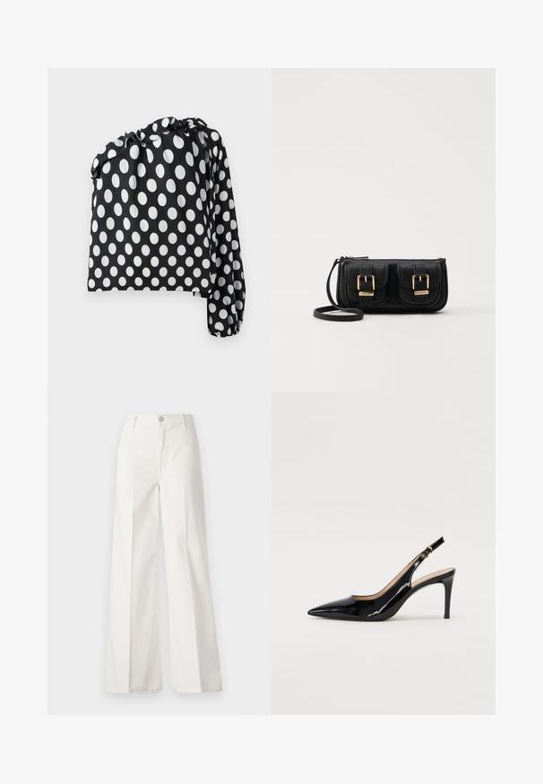 Melnbalts top ar polka punktiem ar vienu garo piedurkni, sakrātu dekoltē un teksturētu audumu. Iezīmes lielas baltas aplītes uz melna fona.; Baltas platfita bikses, izgatavotas no kokvilnas ar gludu tekstūru. Aprīkotas ar priekšējo pogu, rāvējslēdzēju un četru kabatu dizainu.; Melnas lakotās ādas slingback kurpes ar izteiktu degunu, šauru papēdi un smalku izgriezumu dizainu. Siksniņai ir zelta sprādze.; Melnas ādas crossbody soma ar divām priekšējām kabatām, zelta sprādzēm, ar rāvējslēdzēju aizdari un šauru siksnu. Strukturēta virsma un kompakta taisnstūra forma.