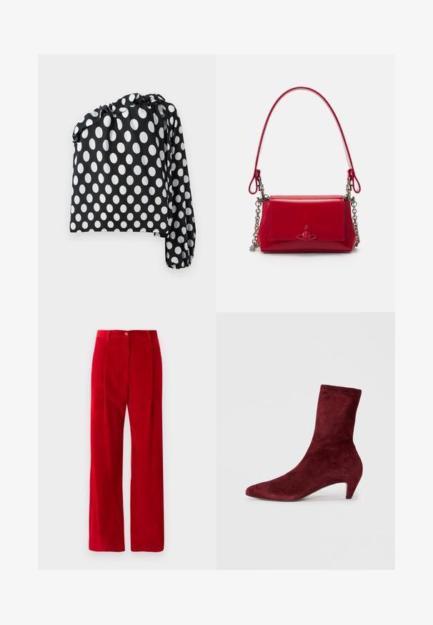 Top a pois bianco e nero con una manica lunga, scollatura arricciata e tessuto testurizzato. Presenta grandi cerchi bianchi su uno sfondo nero.; Pantaloni in velluto a coste rossi con gamba dritta, passanti per cintura, bottone frontale e chiusura con zip su uno sfondo bianco.; Stivaletto in suede bordeaux con punta affusolata e tacco basso. Texture liscia e design aderente senza hardware o motivi visibili.; Borsa a mano in pelle verniciata rossa con accenti in catena argentata, manico corto e un emblema decorativo sul davanti. Forma rettangolare compatta.