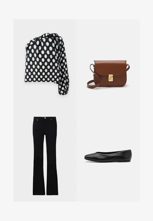 Schwarz-weißer Punktemuster-Oberteil mit einem langen Ärmel, gerafftem Ausschnitt und strukturiertem Stoff. Mit großen weißen Kreisen auf schwarzem Hintergrund.; Schwarze, ausgestellte Jeans aus Denim, ausgestattet mit zwei Fronttaschen, einem Knopfverschluss und einer glatten Oberfläche. Signatur-Nähte an den Nähten sichtbar.; Paul Smith TOPANGA - Klassischer Ballerina - black; Braune Ledertasche mit Klappenverschluss, Beschlägen in Goldfarbe, einem Schultergurt und einer glatten Oberfläche. Kompakte rechteckige Form.