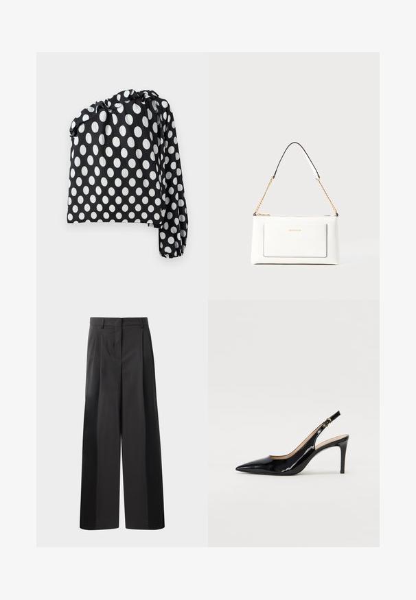 Mustvalge täpiline topp, millel on üks pikk varrukas, kogutud kaelus ja tekstuuriga kangas. Omab suuri valgeid ringe musta tausta peal.; Mustad laiad püksid kõrge vöökohaga, millel on ees voldid, sile tekstuur ja õmmeldud viimistlus. Kujundatud lõdva istuvuse saavutamiseks.; Must hõbedavärvi patendiga slingback kontsakingad terava varbaga, kitsas konts ja peene lõikega disain. Statistika on kuldne pandla rihmal.; Valge nahast kott tekstureeritud viimistlusega, millel on kuldne kettling ja mustad aktsendid. Include eesmine tasku ja tõmblukk.