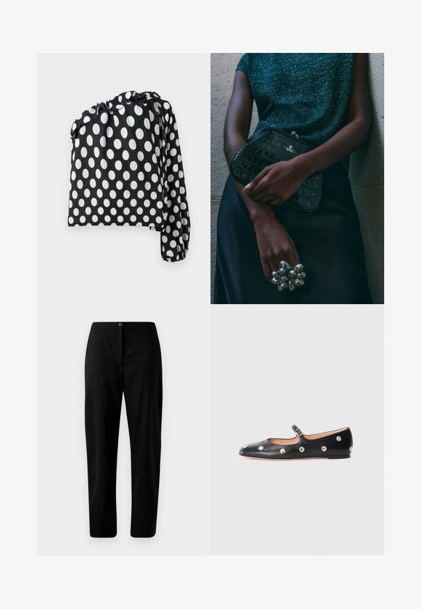Sort og hvidt polka dot top med én langærmet, sammenkrøbet halsudskæring og tekstureret stof. Har store hvide cirkler på en sort baggrund.; Sorte lige bukser med knap- og lynlåslukning, glat stof og minimal detaljering mod en ensfarvet lyse baggrund.; Sorte læder Mary Jane flad sko med en rund tå, udstyret med sølvfarvede runde nitter og en justerbar rem med spænde.; Sorte clutchtaske med krokodillemønster og sølvhardware, holdt mod en tekstureret grå baggrund. Har en blank overflade.