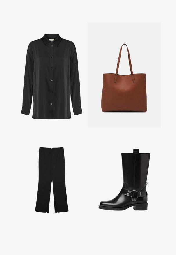 Černá košile s dlouhým rukávem vyrobená z hladkého materiálu, se zapínáním na knoflíky vpředu, klasickým límcem a manžetami na jeden knoflík.; Černé kalhoty s rovným střihem, s předními kapsami a bočními rozparky na lemu. Vyrobené z jemné, hladké tkaniny. Vhodné na různé příležitosti.; Černá kožená vysoká bunda s špičatou špičkou, stříbrnými sponami a robustní podešví. Obsahuje poutko pro snadné obutí.; Hnědá kožená taška přes rameno s hladkou texturou, otevřeným designem a dvěma ramenními popruhy. Obsahuje minimální švy a žádné viditelné kovové prvky.