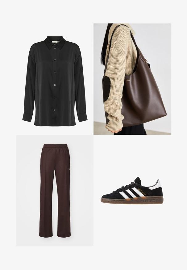 Black long-sleeve shirt made of smooth fabric, featuring a button-down front, classic collar, and single-button cuffs.; Brown athletic pants with an elastic waistband, two side pockets, and a small logo on the left side, made from a soft fabric.; Black Adidas sneaker with white stripes, gold "Spezial" text, gum sole, and white heel tab, shown in profile view.; Brown leather tote bag with a spacious design. Features a smooth texture and a subtle gold logo. Paired with a cream knit sweater.