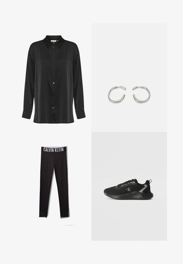 Melnas garām piedurknēm krekls, kas izgatavots no gludas auduma, ar pogu aizdari priekšā, klasisku apkakli un vienu pogu aprocēm.; Melni legingi ar balto "CALVIN KLEIN" logotipu jostasvietā. Gluda auduma, pieguļoša piegriezuma, ar acu akcentiem pie potītēm.; Melnas zemas sporta kedas ar elpojošu sietu, ar auklēšanas dizainu, faktūrētu zoli un "cK" logo sānos.; Sudraba riņķveida auskari ar gludu, noapaļotu dizainu un spīdīgu, pulētu apdari. Raksturīga minimālisma forma ar nelielu atvērumu.