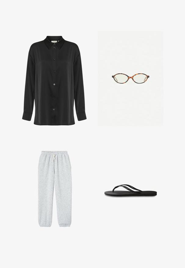 Čierna dlhá košela s dlhým rukávom vyrobená z hladkej tkaniny, s prednou časťou na gombíky, klasickým golierom a manžetami na jeden gombík.; Šedé tepláky vyrobené z jemnej tkaniny, s elastickým pásom na šnúrku a elastickými manžetami na členkoch.; Čierne žabky s textúrovanou gumovou podrážkou, dvoma štíhlymi popruhmi a diskrétnym embosovaným logom na popruhu.; Korytnačkové okuliare s oválnymi šošovkami a hladkým, lesklým povrchom. Majú tenké strany s jemným zakrivením na spánkoch. Priehľadné šošovky.