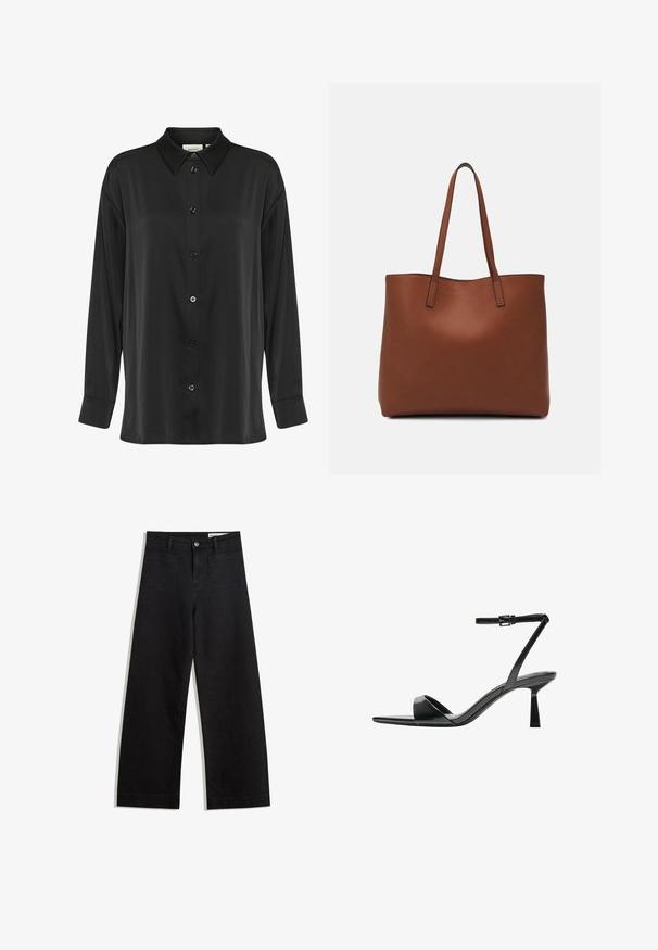 Schwarzes Langarmshirt aus glattem Stoff, mit durchgehender Knopfleiste, klassischem Kragen und einknopfbaren Manschetten.; Schwarze weit geschnittene Jeans mit hoher Taille, ausgestattet mit Vorder- und Hintertaschen, gesteppten Nähten und einem Knopfverschluss. Glatte Textur.; Bershka High Heel Sandalette - black; Braune Leder-Tote mit glatter Textur, offenem Oberteil und zwei Schulterriemen. Verfügt über minimale Nähte und keine sichtbaren Beschläge.