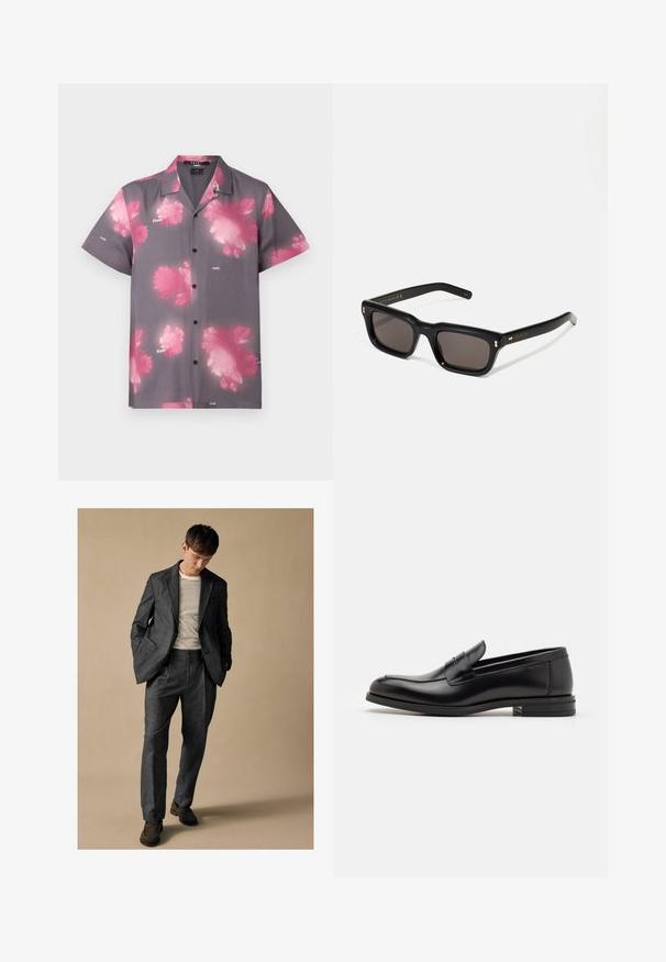 Īsām piedurkņu krekls pelēkā audumā ar lieliem rozā ziedu rakstiem, pogu priekšpuses, un klasisku apkakli. Zīmola etiķete redzama priekšpusē.; Pelēks piegriezts uzvalks ar izgrieztām atlokām un priekšējām kabatām, apvienots ar svītrainu krekli. Biksēm ir brīva piegriezuma forma un krokas detaļa. Brūni apavi.; Melnas ādas kurpes ar gludu tekstūru, noapaļu purngalu un dekoratīvu siksniņu pāri priekšpusei. Zems sakrauts papēdis, minimālisma dizains.; Melnas taisnstūra formas saulesbrilles ar tumšiem stikliem, bieza plastmasas rāmja, zelta akcenti pie tempļiem un zīmola logo iegravēts roku daļā.