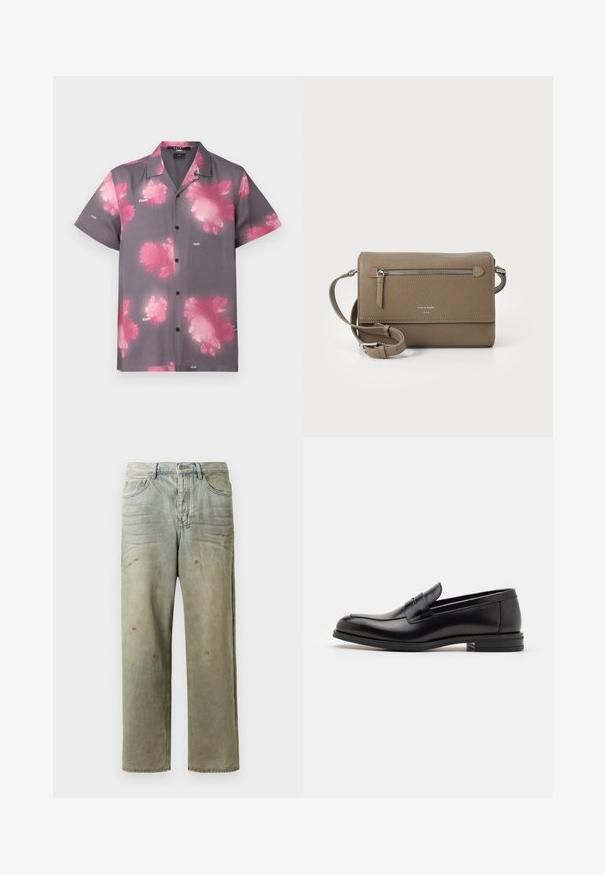 Pilkos medžiagos trumpomis rankovėmis marškiniai su dideliais rožiniais gėlių raštais, mygtukų priekyje ir klasikinis apykaklė. Prekės ženklas matomas ant priekinės pusės.; Šviesiai žaliai nuvarytos džinsinės kelnes, su tiesiomis kojomis, penkių kišenių dizainu, nelygiai blukščiantis ir su dažų lašeliais.; Juodos odinės loafers, turinčios lygų paviršių, apvalią noselę ir dekoratyvinę juostą per priekinę dalį. Žemas krentantis kulnas, minimalistinis dizainas.; Kakavinės odos per petį maišas su užtrauktuku priekinėje kišenėje, reguliuojama dirželiu, akmens tekstūra ir iškilniu logotipu priekyje.