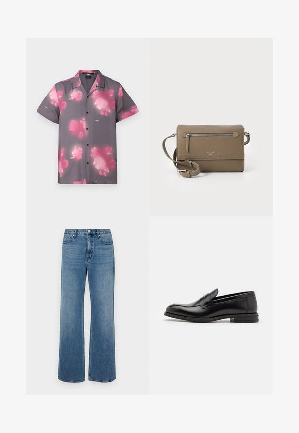 Pilkos medžiagos trumpomis rankovėmis marškiniai su dideliais rožiniais gėlių raštais, mygtukų priekyje ir klasikinis apykaklė. Prekės ženklas matomas ant priekinės pusės.; Platus blaujos džinsai, pagaminti iš dėvėtos džinsinio audinio. Sukurtas su penkiomis kišenėmis, priekiniais sagčių uždarymu ir tiesiu kirpimu.; Juodos odinės loafers, turinčios lygų paviršių, apvalią noselę ir dekoratyvinę juostą per priekinę dalį. Žemas krentantis kulnas, minimalistinis dizainas.; Kakavinės odos per petį maišas su užtrauktuku priekinėje kišenėje, reguliuojama dirželiu, akmens tekstūra ir iškilniu logotipu priekyje.