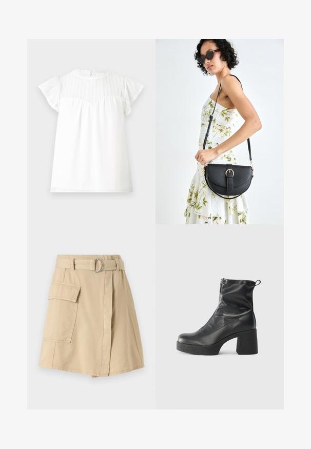 Hvit t-skjorte med korte ermer og teksturert blonderygg, volangermet opplegg og rynket midje. Hjerteåpning bak med bølget kant.; Beige bomullskjole med sidelomme, belte på livet med en sølvring, og en lett A-formet fasong. Glatt tekstur og enkelt design.; Svarte ankelstøvler laget av glatt lær, med glidelås på siden, chunky strukturert hæl, og rund tå-design.; Svart lærveske med en buet form, avtagbar stropp og gullbeslag. Vesken har et klaff med spenne-detall.