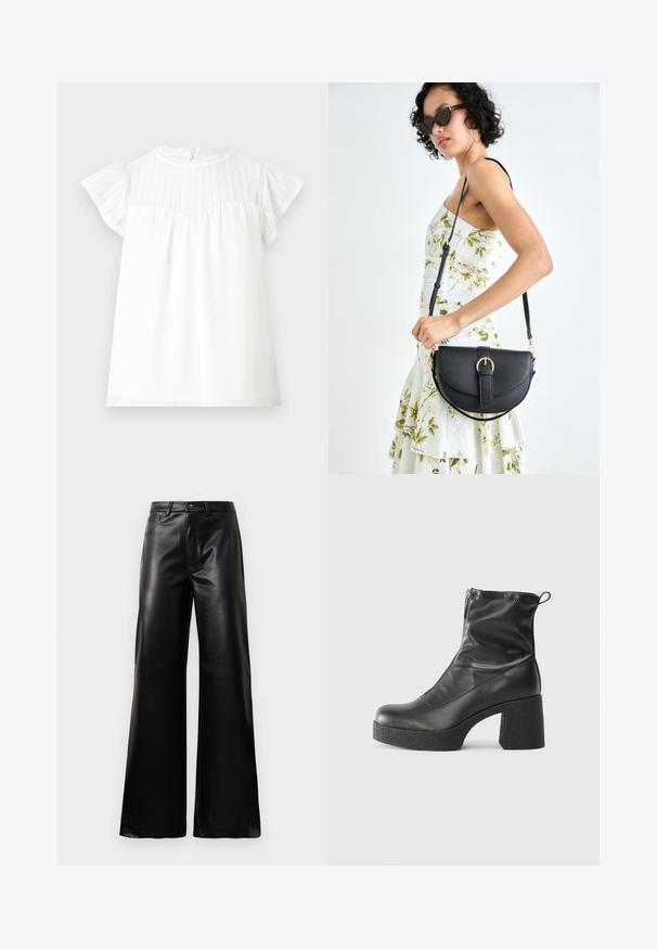 White short-sleeve top with a textured lace yoke, ruffled sleeves, and a gathered bodice. Keyhole back closure with a scalloped edge.; Black high-waist wide-leg faux leather pants with front button, zip closure, belt loops, and side pockets on white background.; Black ankle boots made of smooth leather, featuring a side zipper, chunky textured heel, and rounded toe design.; Black leather handbag with a curved shape, detachable strap, and gold hardware. The bag features a flap with a buckle detail.