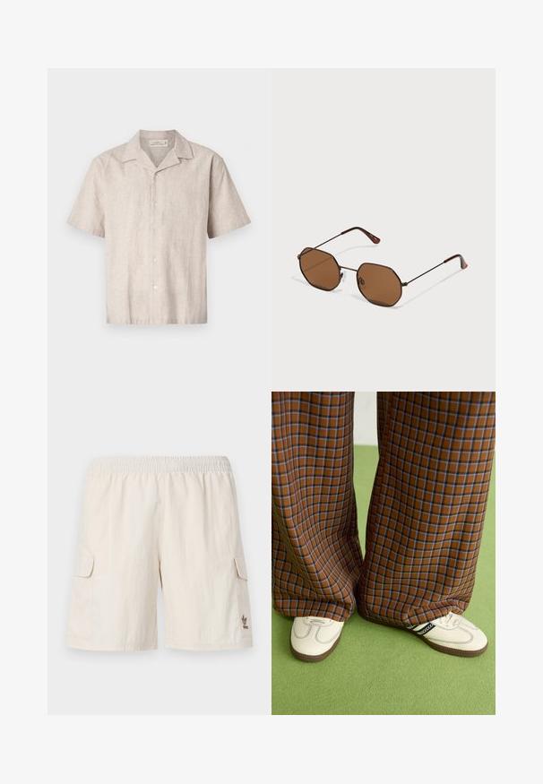 Short-sleeve button-up shirt in light beige linen. Features a notched collar and six buttons down the front, with a textured, slightly woven appearance.; Beige cargo shorts with an elastic waistband, two side pockets, and a small logo on the lower right side. Smooth, lightweight fabric.; Brown and blue plaid wide-leg trousers paired with white shoes featuring black accents and textured soles, set against a green background.; Brown octagonal sunglasses with thin dark metal frames, adjustable nose pads, and brown tinted lenses; temples feature an orange accent.