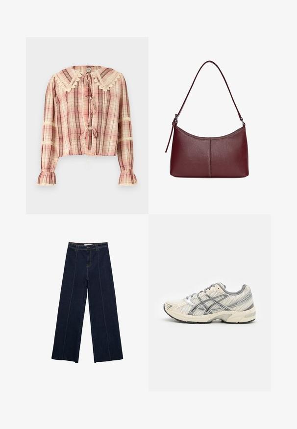 Blusa a quadretti rosa e beige con maniche lunghe, colletto in pizzo a scallop, chiusura frontale con fiocco e polsini elastici arricciati con dettagli in pizzo.; Pantaloni in denim scuro a gamba larga con cuciture a contrasto, vita alta e taglio dritto. Presentano tasche anteriori e una chiusura classica con bottone.; Scarpe da corsa con tomaia in rete bianca traspirante, dettagli argentati, lacci grigi e suola in gomma nera resistente. Design leggero e ammortizzato.; Borsa a tracolla in pelle bordeaux con forma curvata, una sola tracolla e dettagli cuciti al centro. Texture liscia, hardware minimale.
