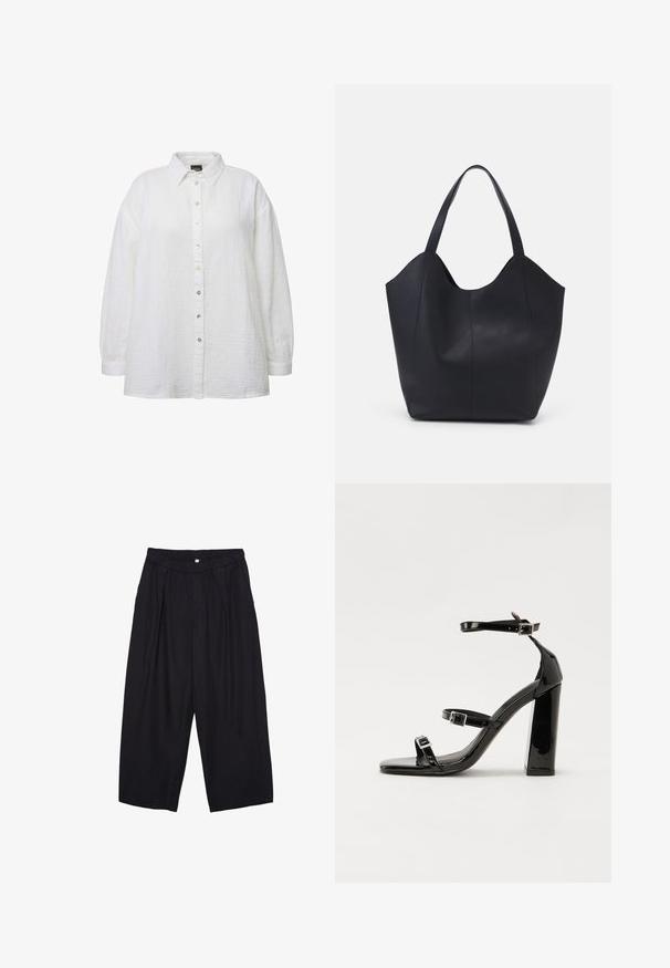 Camicia bianca con bottoni, realizzata in tessuto testurizzato, dotata di colletto classico, maniche lunghe e bottoni perlacei sulla parte anteriore.; Pantaloni culotte neri in poliestere con una cintura elastica, due pieghe frontali e una silhouette ampia. Nessun motivo visibile o dettagli in metallo.; Sandali con tacco in vernice nera, con punta squadrata, cinturini alla caviglia e fibbie in argento. Presentano un tacco a blocco spesso per maggiore stabilità.; Borsa tote nera realizzata in pelle liscia, con una parte superiore curva e aperta, dotata di due manici per spalla e un design minimalista.